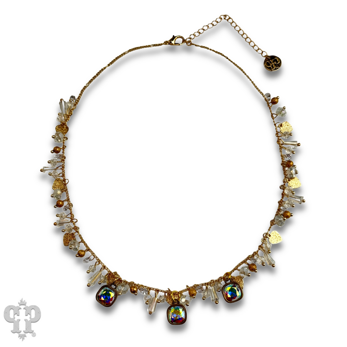 Heart and bead charm fringe necklace with crystal from Swarovski®